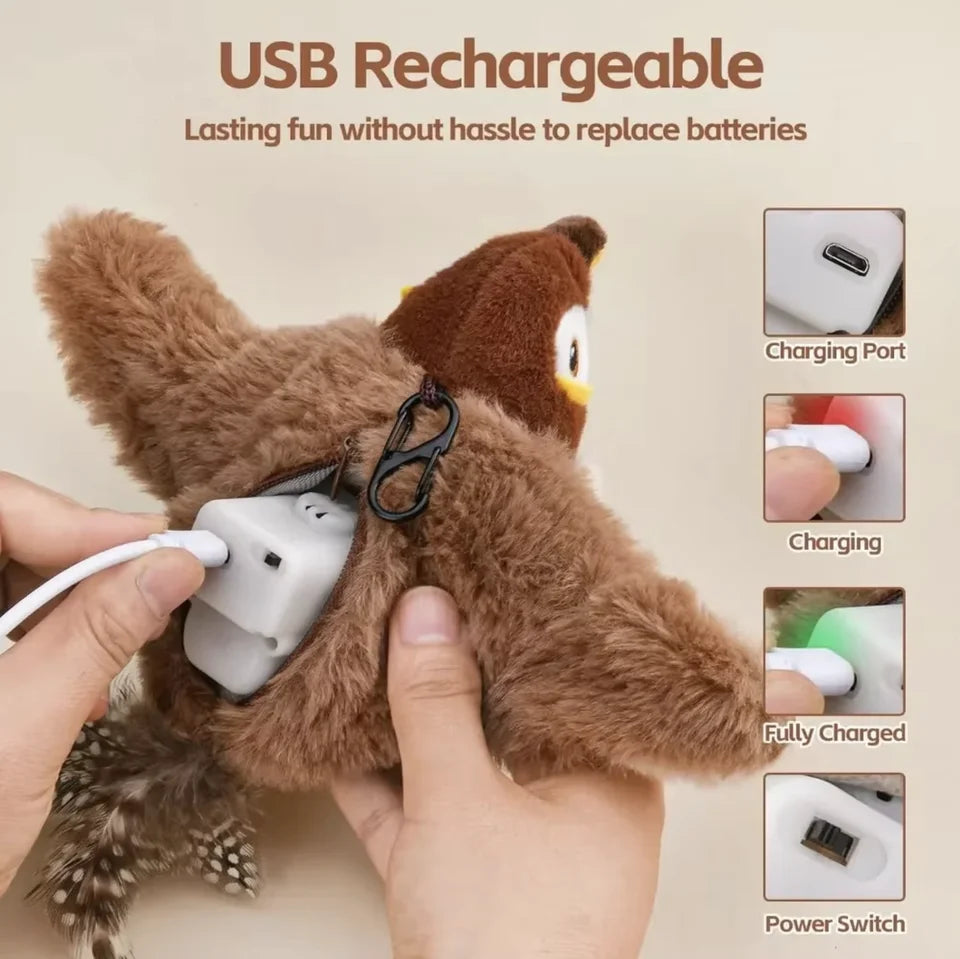 Interactive Chirping Bird Cat Toy – USB Rechargeable. Touch-Activated. Flapping Wings & Cat Teaser Attachment
