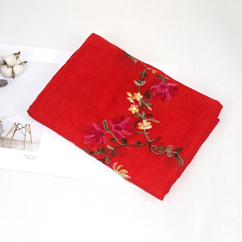 Women's Classic Style Flower Cotton And Linen Embroidery Scarf