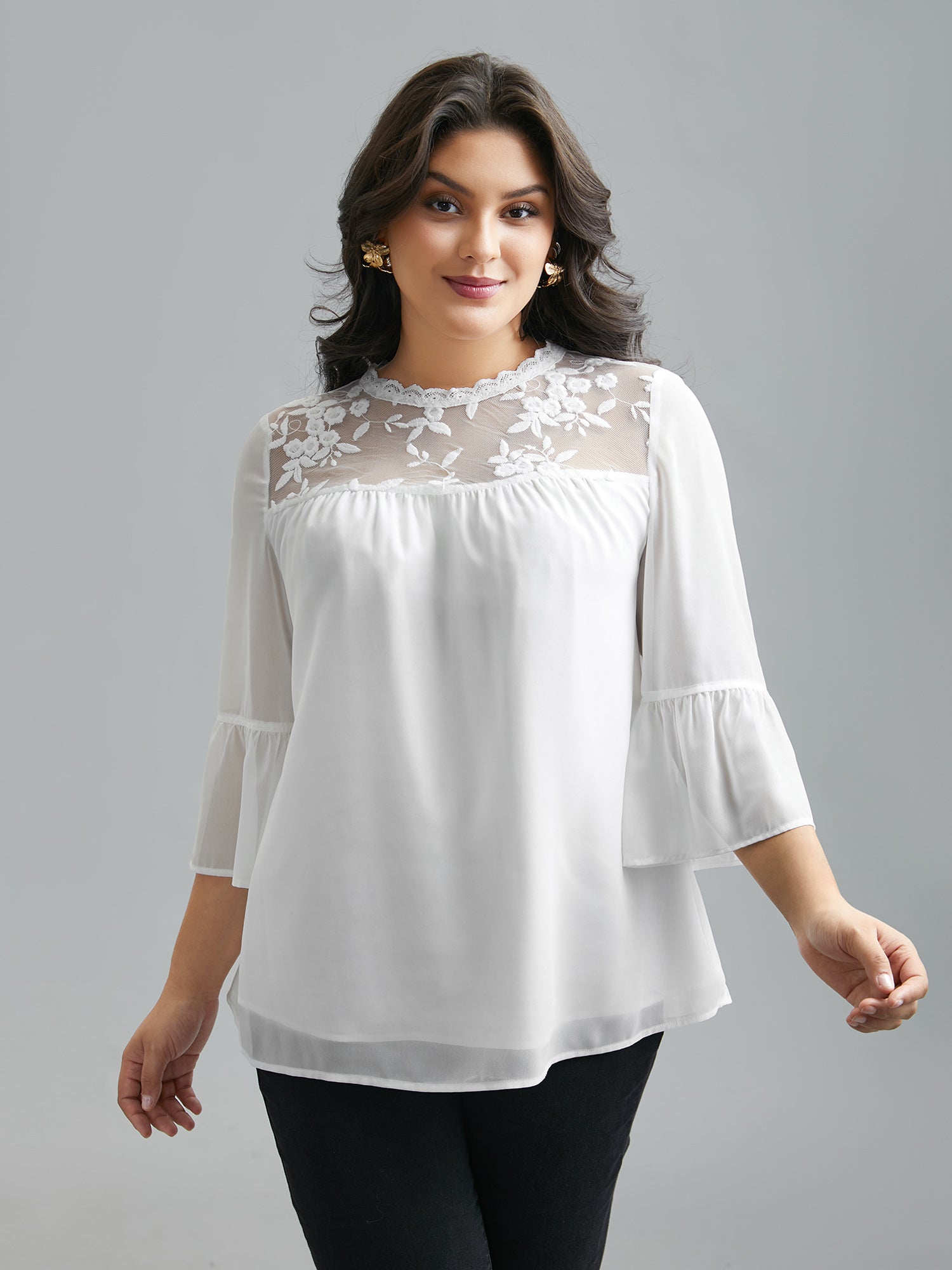 Dreamy Lace Neck Flared Sleeve Chiffon Blouse