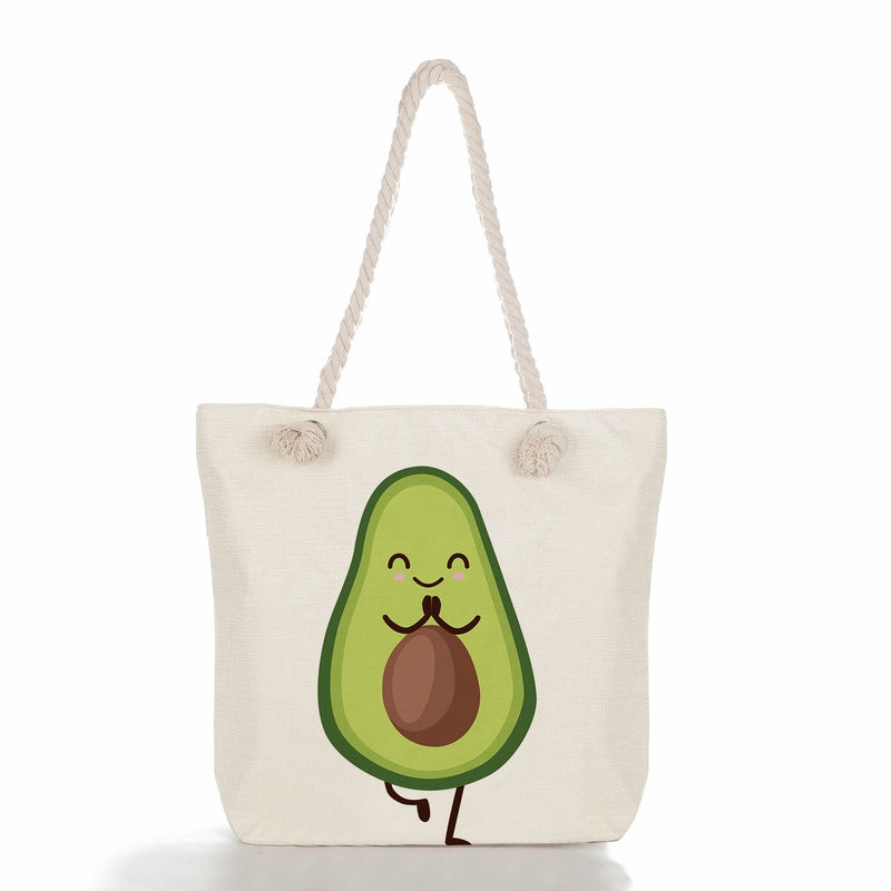 Women's Medium Linen Fruit Cute Classic Style Square Zipper Tote Bag Beach Bag