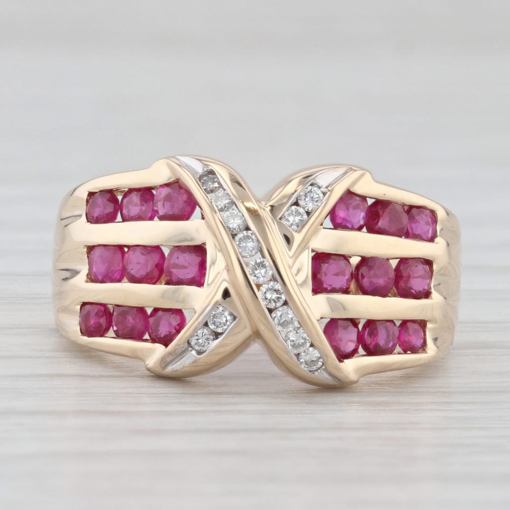 1.20ctw Diamond Ruby Cross Over Round Ring 14k Yellow Gold Size 7.25