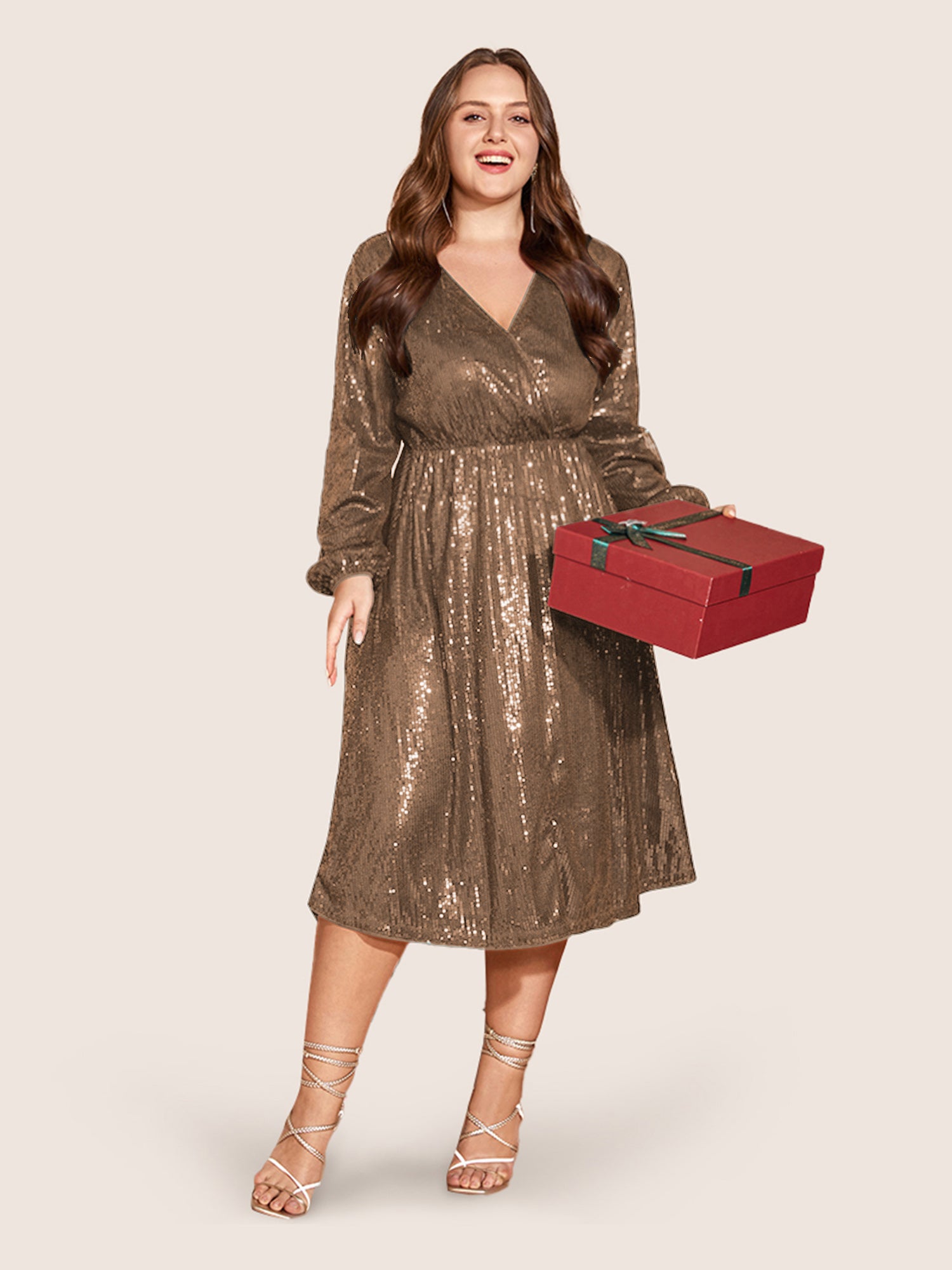 Solid Pocket Lantern Sleeve Wrap Sequin Dress