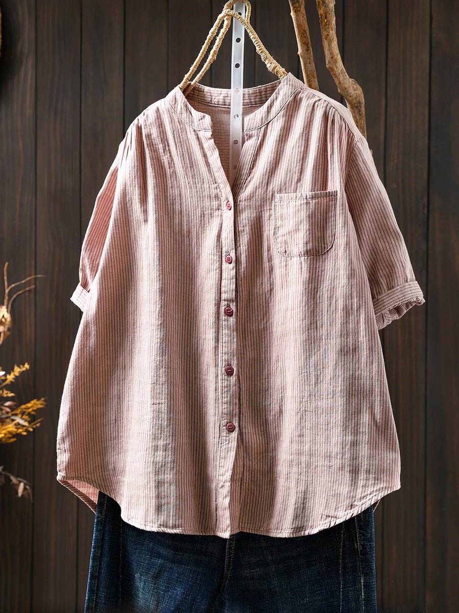 Women Summer Casual Stripe V-Neck 100%Cotton Shirt