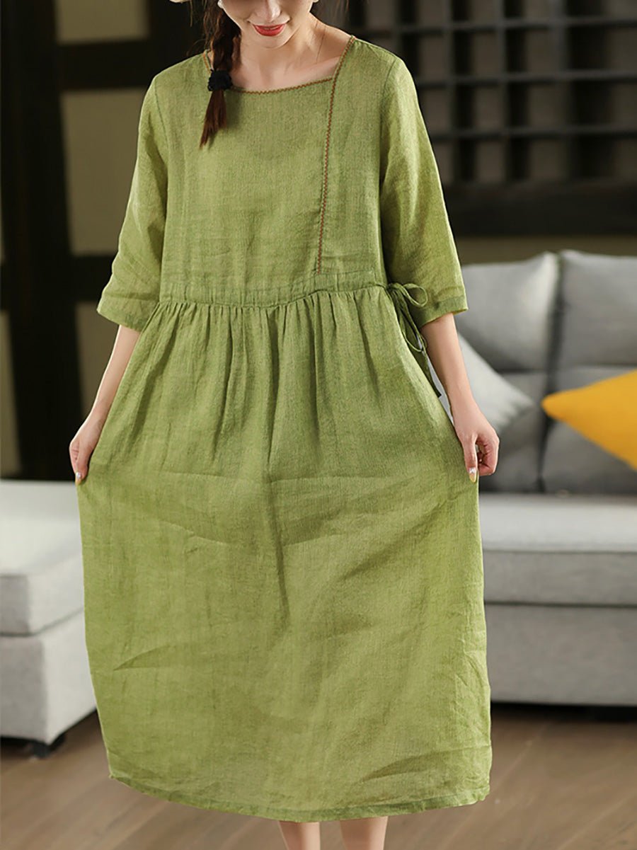 Women Summer Pure Color O-Neck 100%Ramie Dress