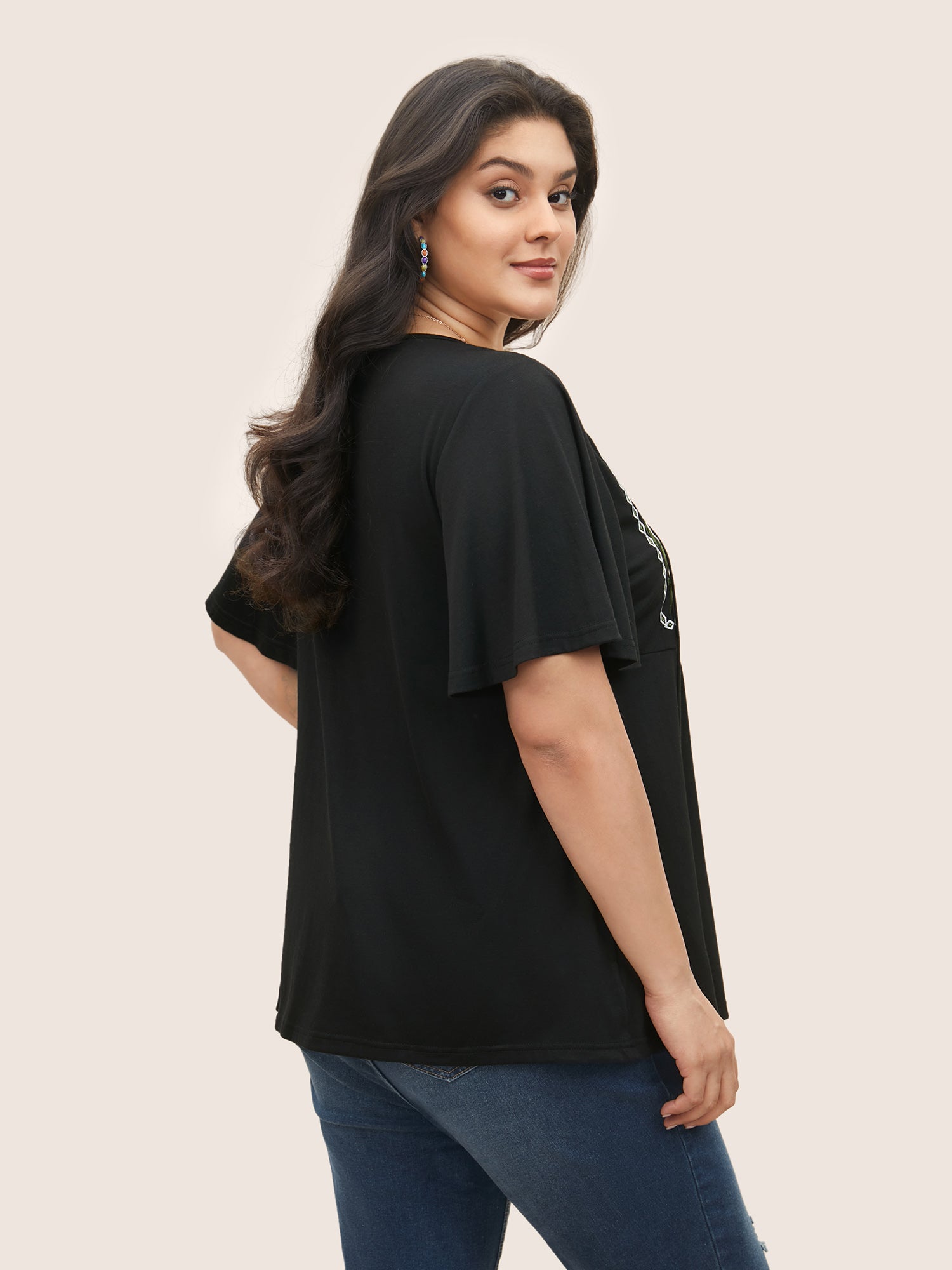 Floral Embroidered Tie Knot Gathered T-shirt