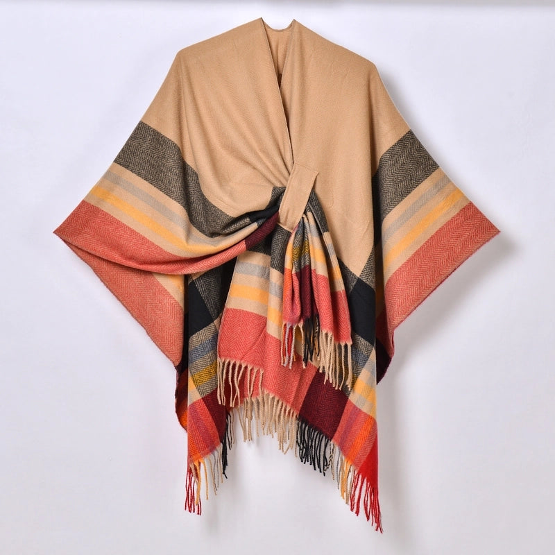 2024 New Color Striped Strap Inverness Women's Jacquard Warm Tassel Cardigan Outer Wear