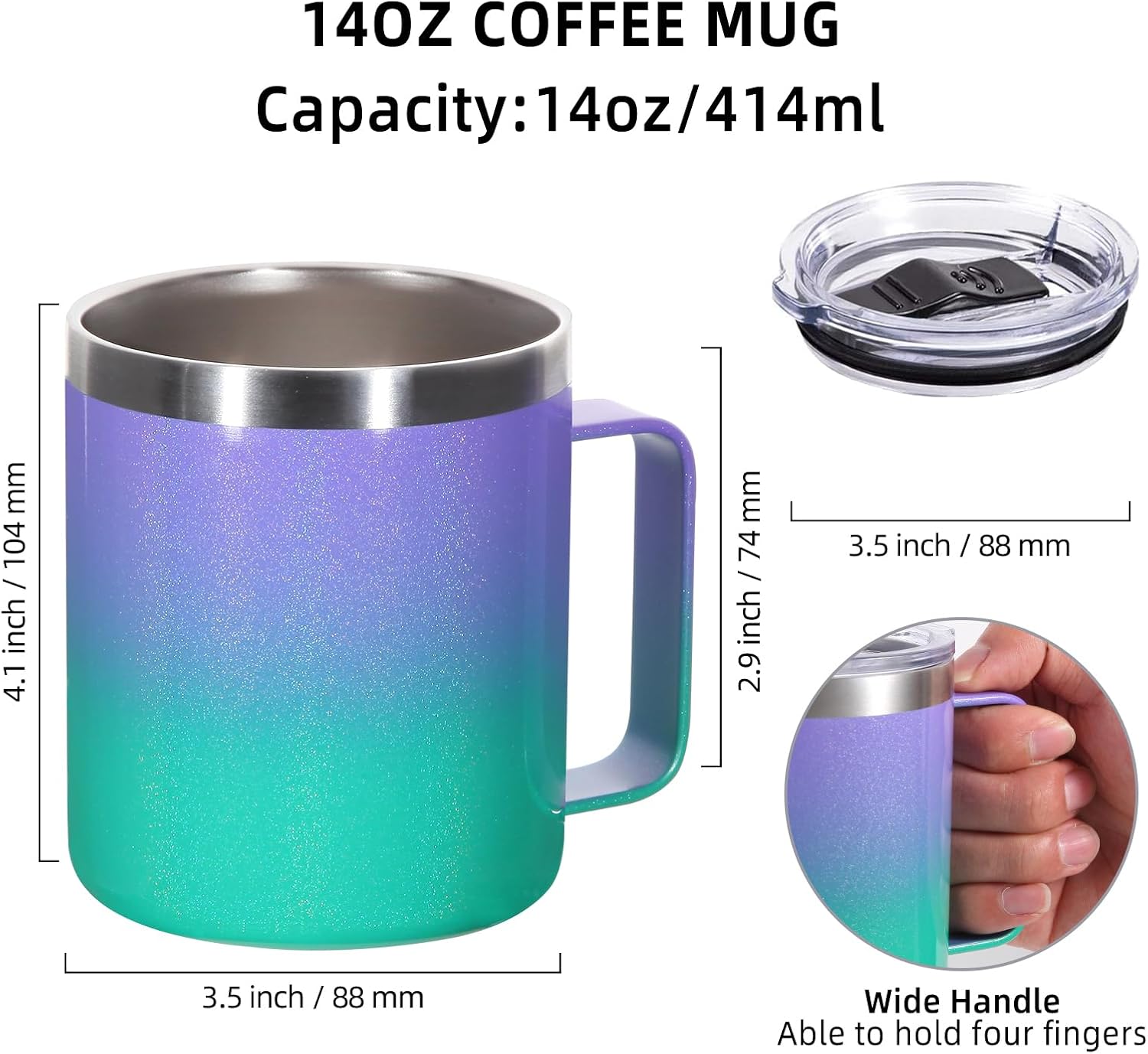 Volhoply 14oz Insulated Stainless Steel Coffee Mug with Leakproof Lid,Double Wall Vacuum Travel Coffee Cup with Handle,Reusable Metal Tumbler,Camping Mugs Keep Hot/Cold,Christmas Gifts(Black,1