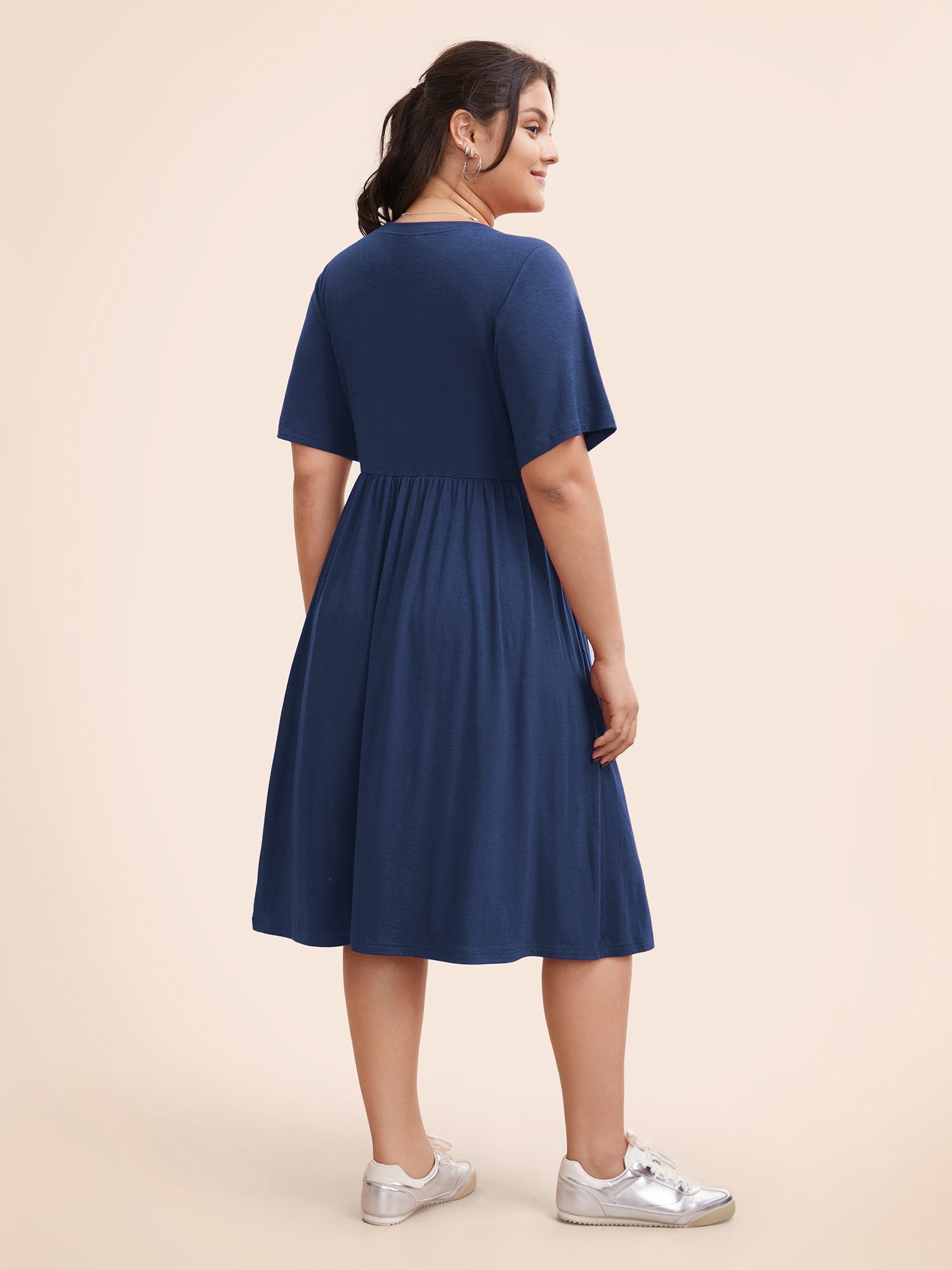 Supersoft Essentials Solid Pleated Round Neck Midi Dress