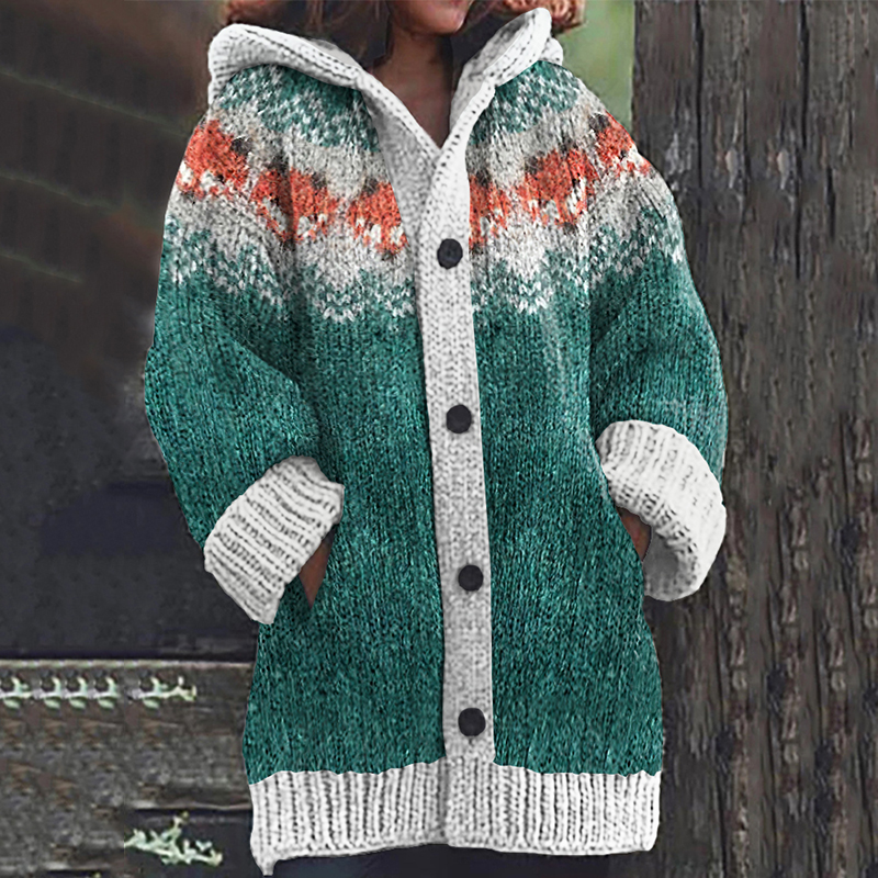 Retro Forest Fox Pattern Contrast Color Sweater Cardigan