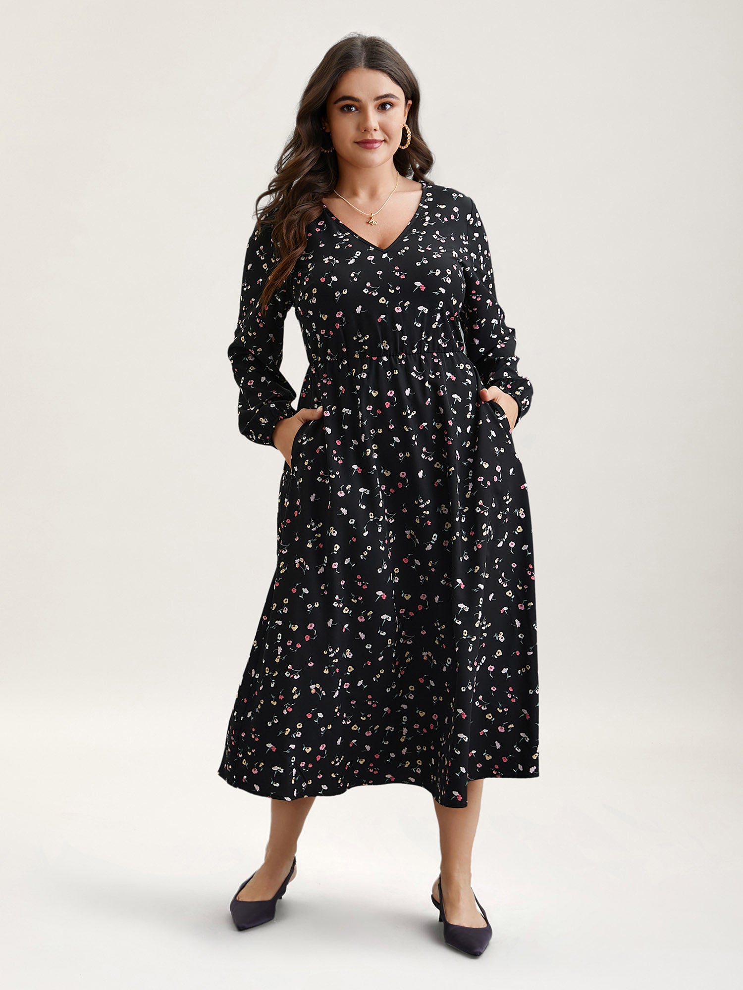 Floral Print V-Neck Waist-Defined Midi Dress
