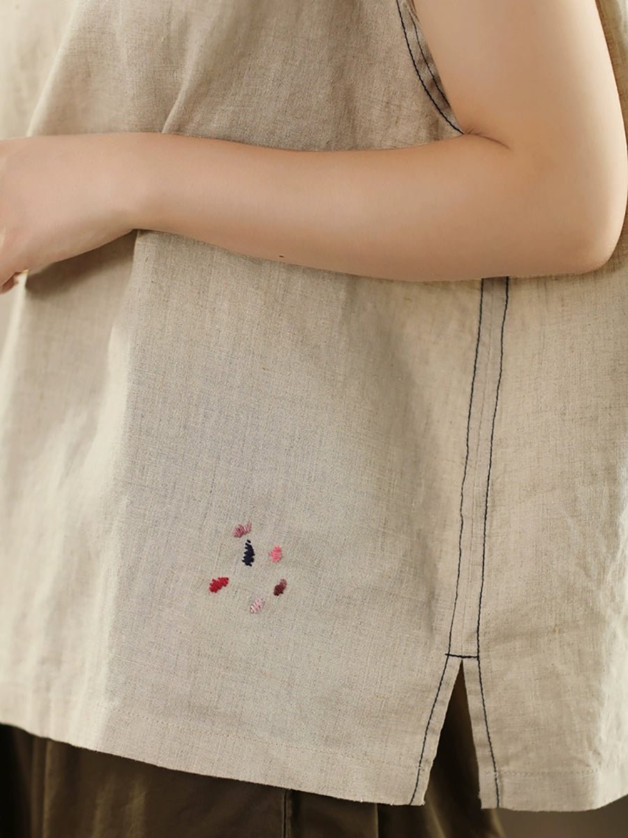 Women Summer Pure Color O-Neck 100%Hemp Shirt