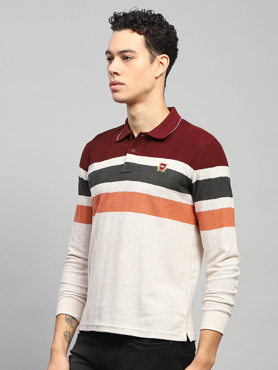 Men Maroo & White Stripe Collar Full Sleeve Winter T-Shirt