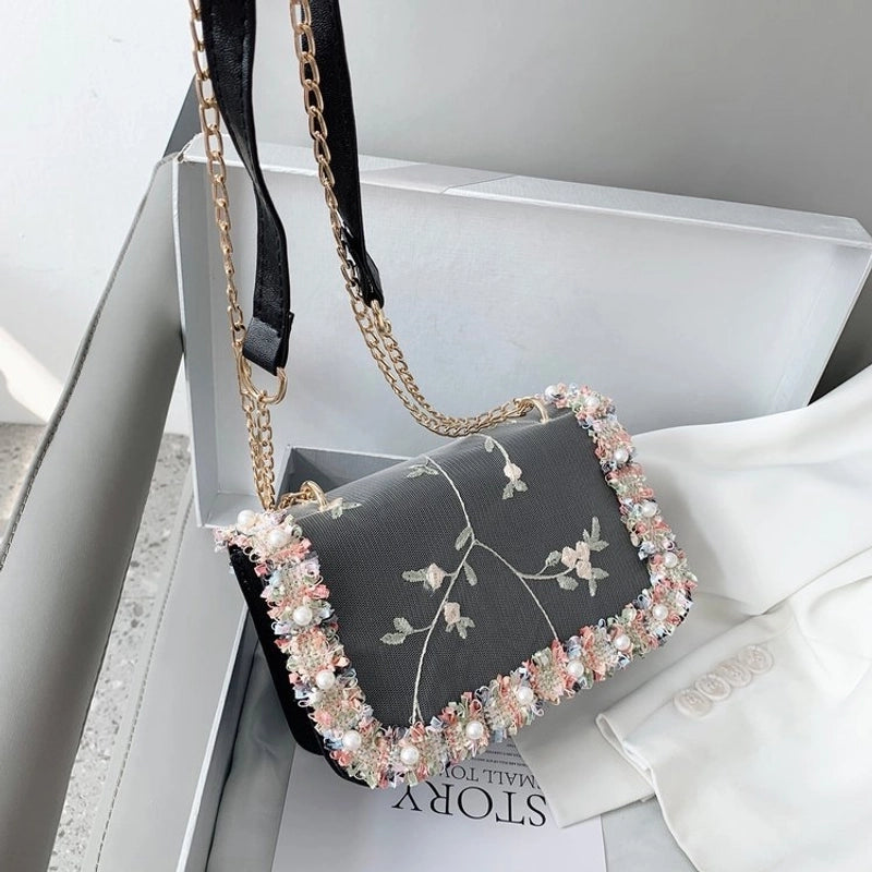 Women's Medium Pu Leather Flower Streetwear Lace Square Flip Cover Crossbody Bag