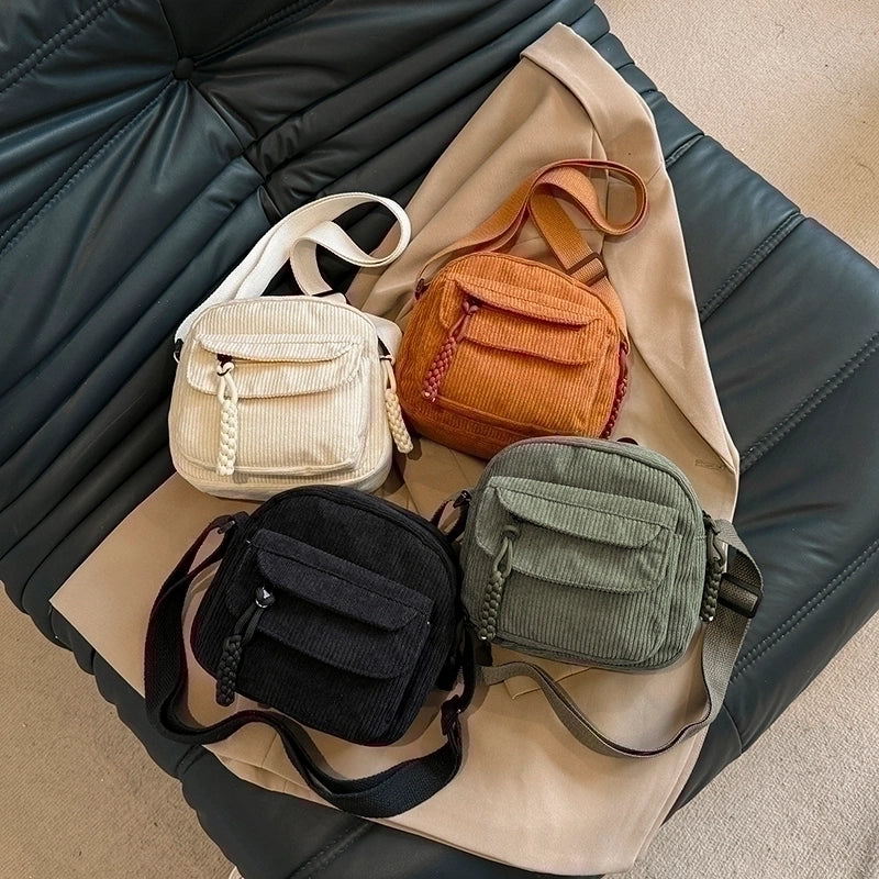 Women's Corduroy Solid Color Classic Style Square Zipper Shoulder Bag