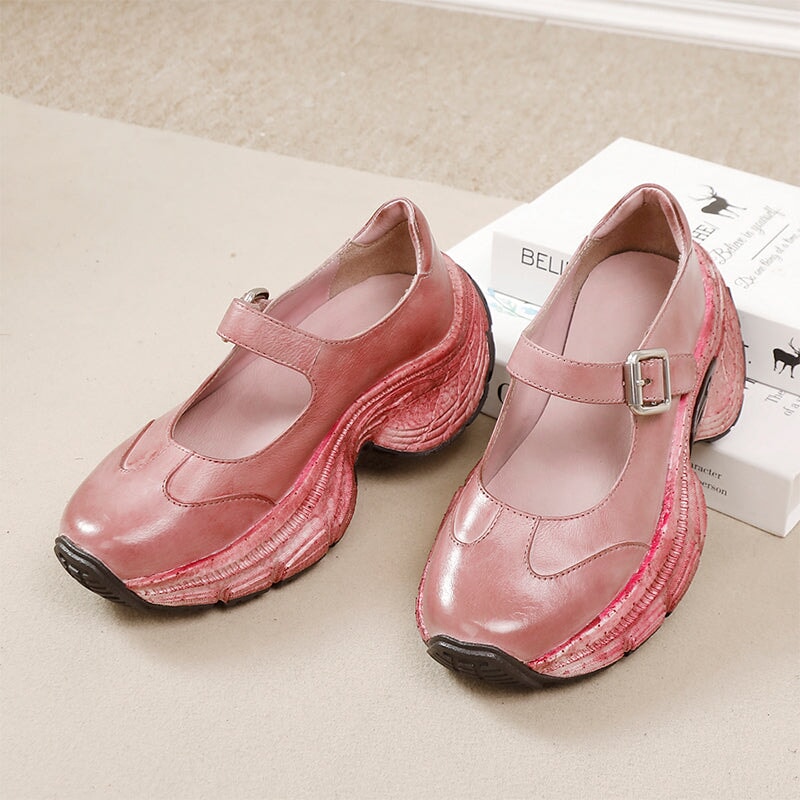 Chunky Platform Water Washed Cow Leather Mary Jane Shoes with Buckle Strap in Light Grey/Pink Purple