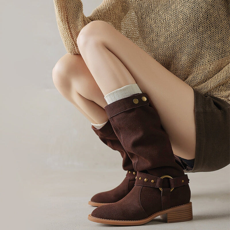 Belted Suede?Leather Riding Boots Low Block Heel Mid Calf Boots in Black/Brown/Green