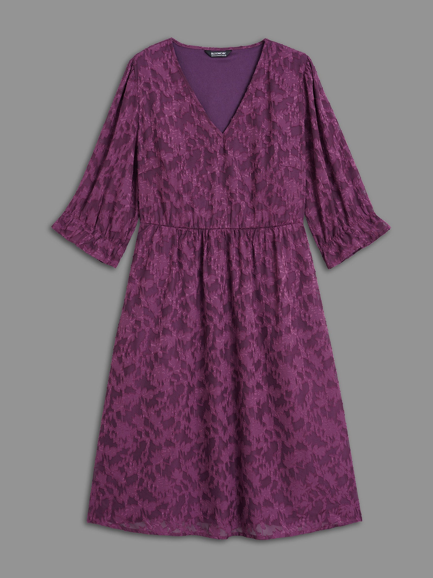 V Neck Burn-out Fabric Midi Dress
