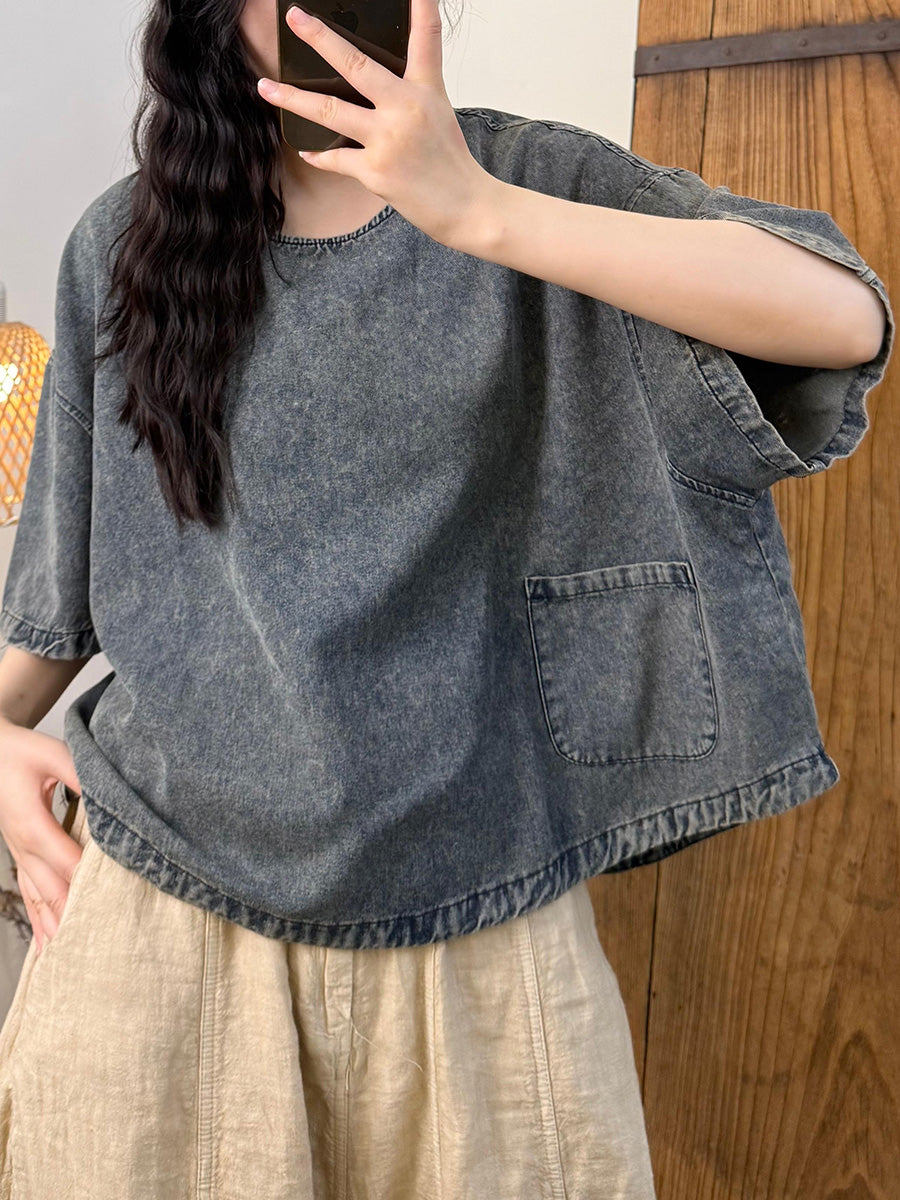 Women Summer Retro Denim Butterfly Patchwork Shirt