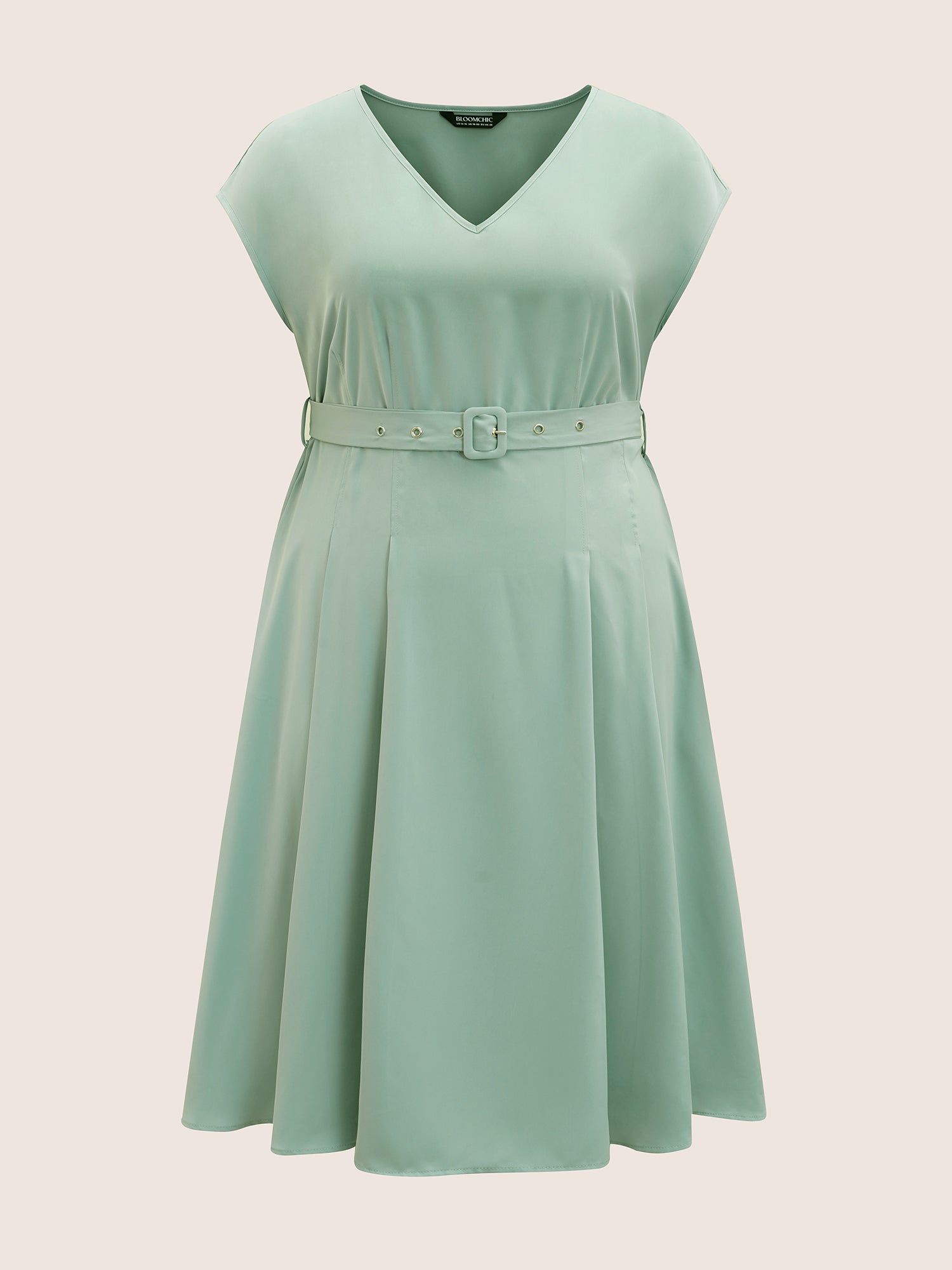 Plain Pleated Belted Cap Sleeve Dress