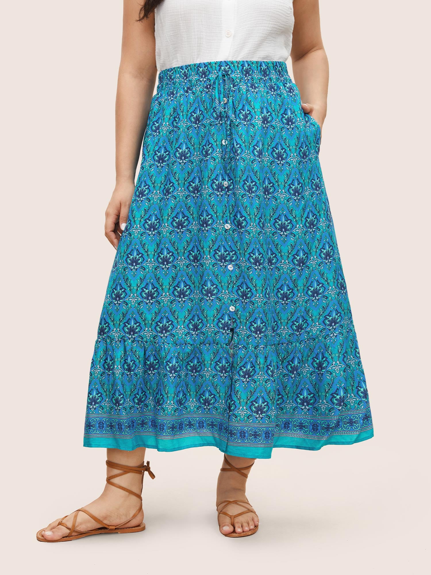 Boho Print Elastic Waist Button Detail Skirt