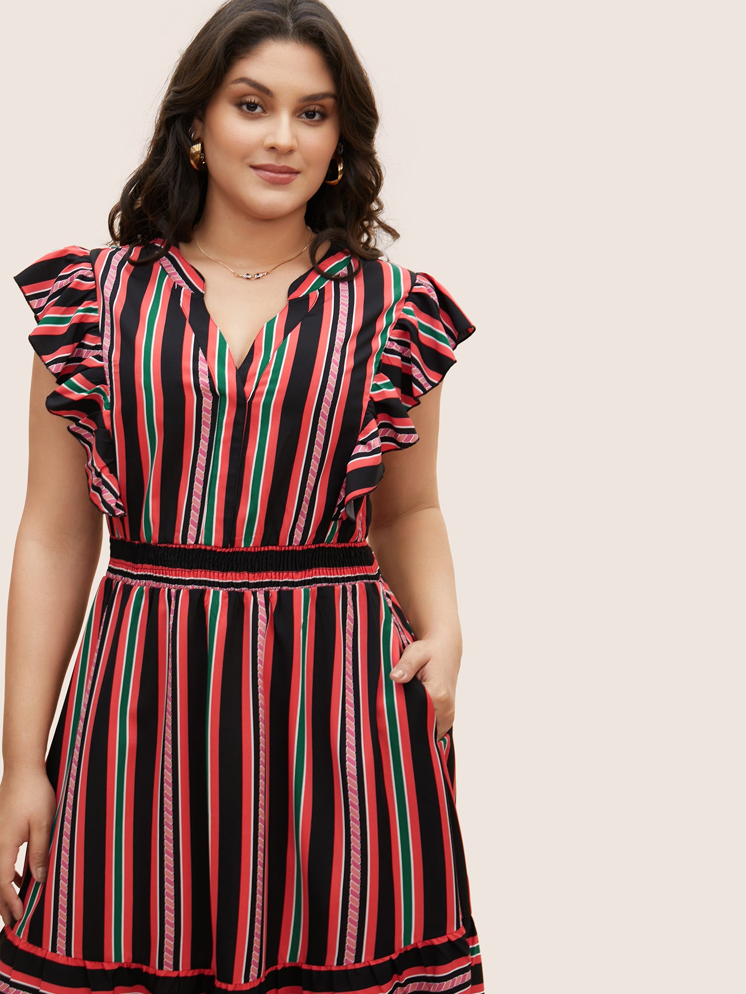 Contrast Striped Ruffle Cap Sleeve Dress