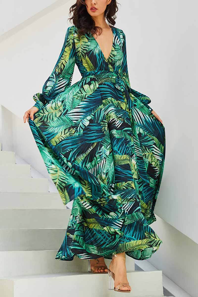 Florcoo V-Neck Leaf Print Maxi Dress