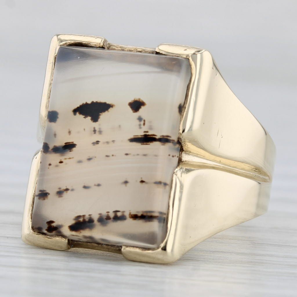 Vintage Montana Moss Agate Cabochon Solitaire Men's Ring 10k Gold Size 10.25