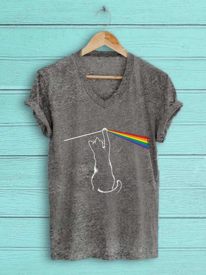 Women's Rainbow Black Cat Print V-Neck T-Shirt