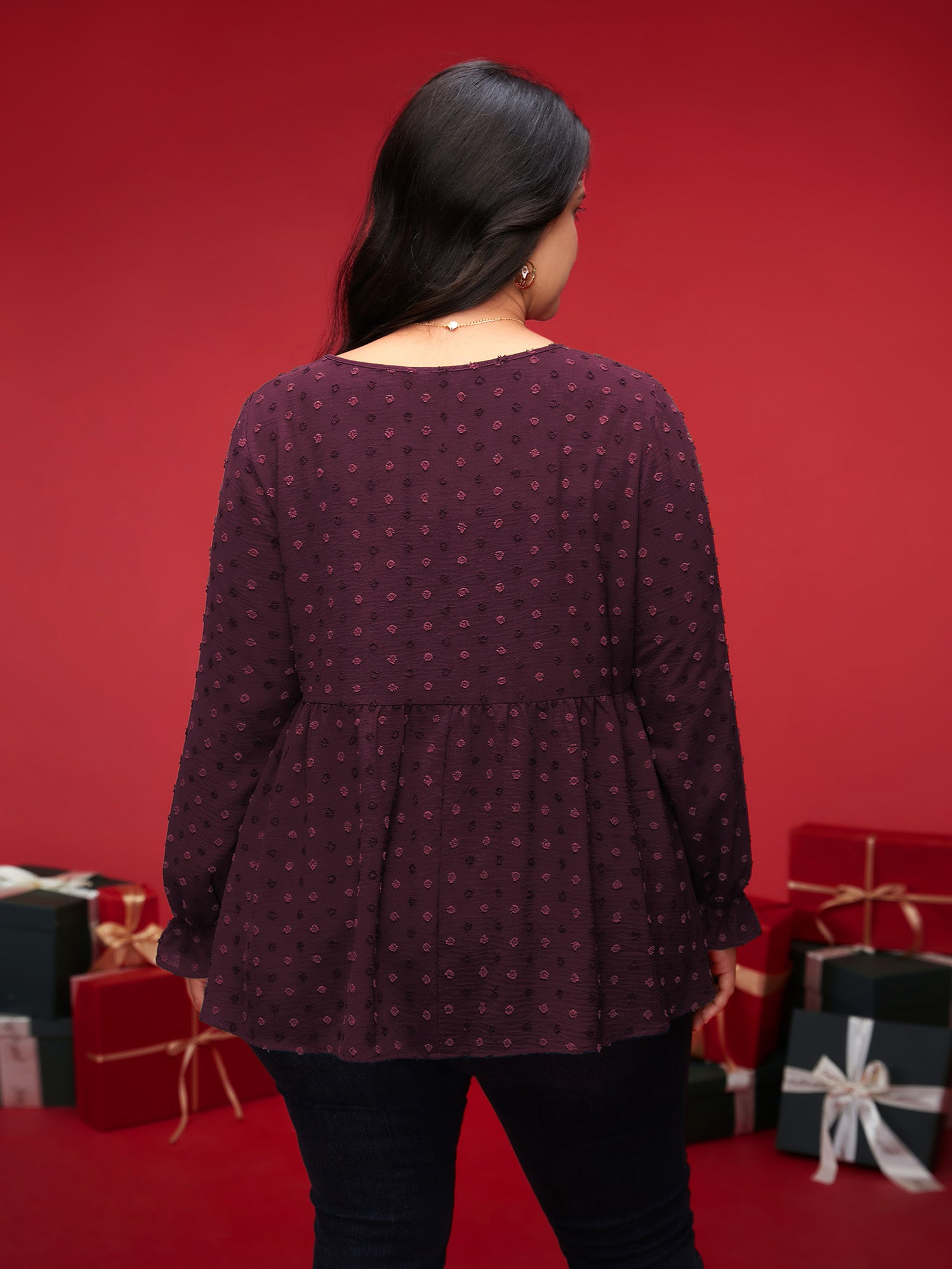 Textured Dot Elastic Cuffs A-line Blouse