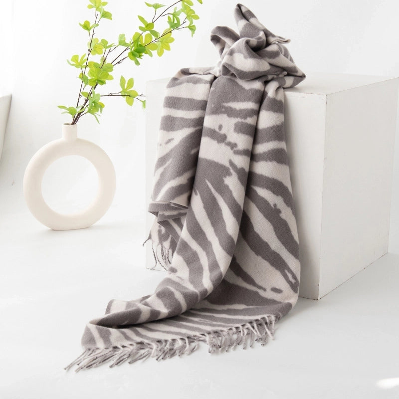 Scarf Women's Winter New Silver Gray Animal Pattern Shawl Dual-use Double-sided Thickened Tassel Warm Scarf