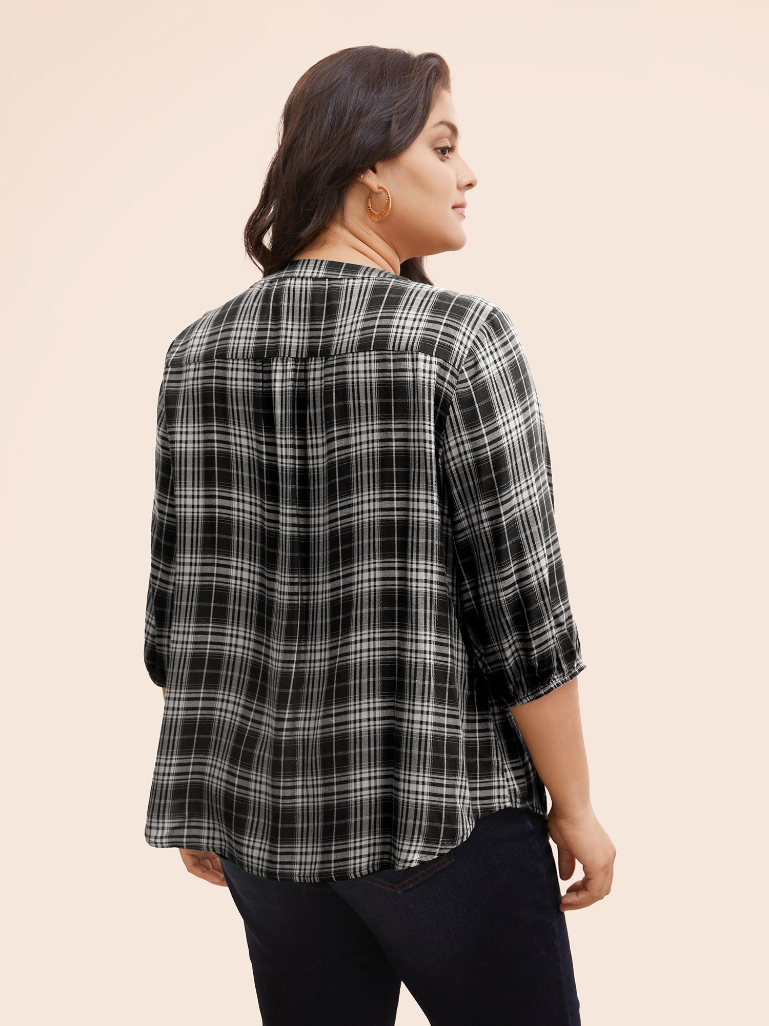 Plaid Pleated Button Placket Blouse