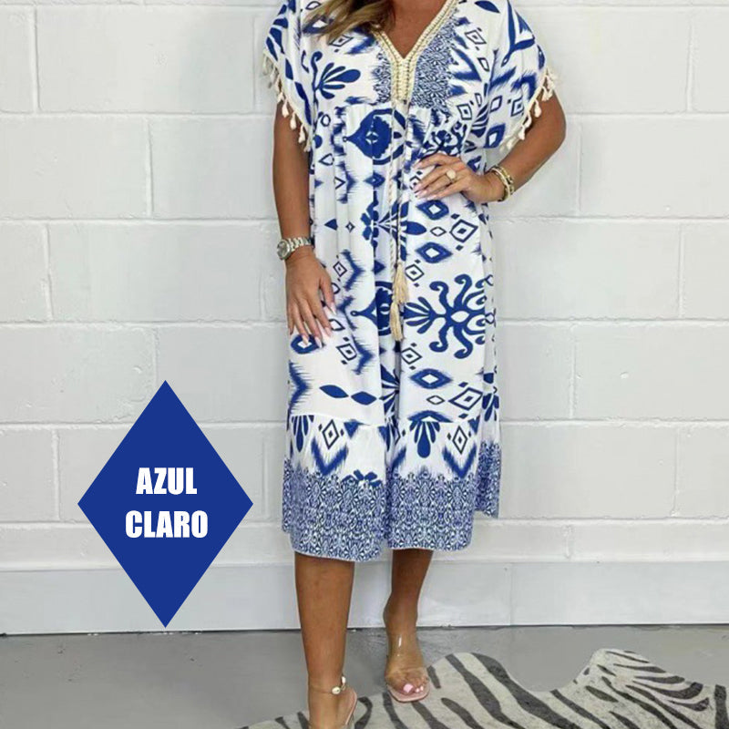 💕Printed Casual Dress With V-Neckline and Fringes on the Short Sleeves