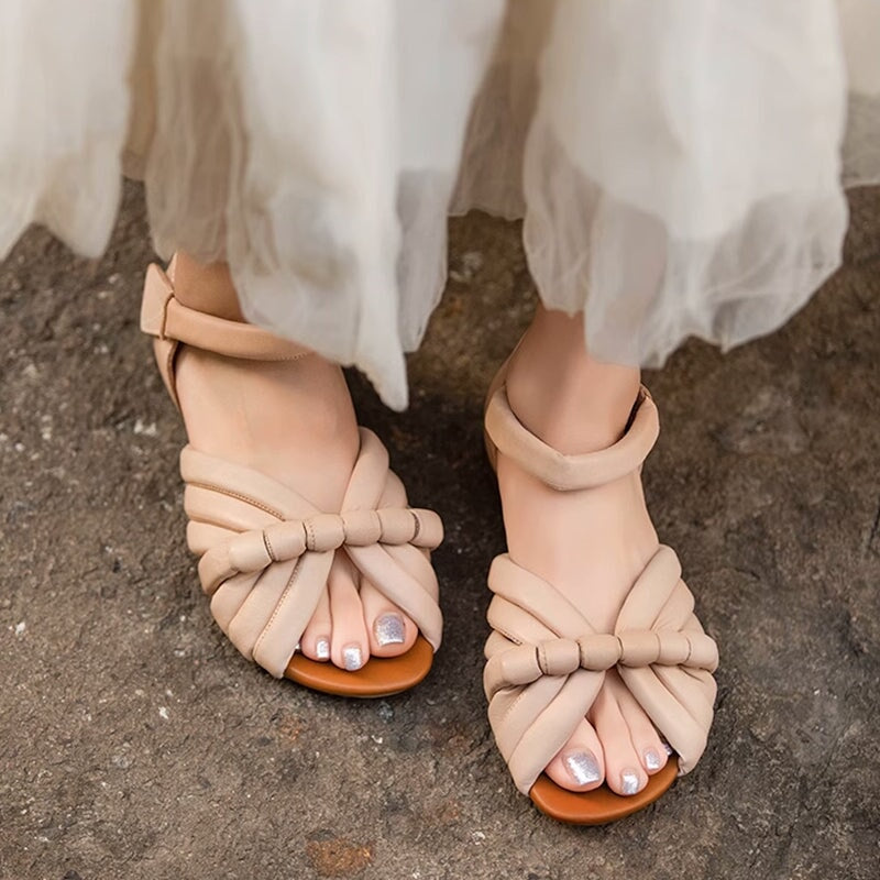 Handmade Leather Woven Peep Toe Roman Sandals with Velcro Strap in Green/Apricot