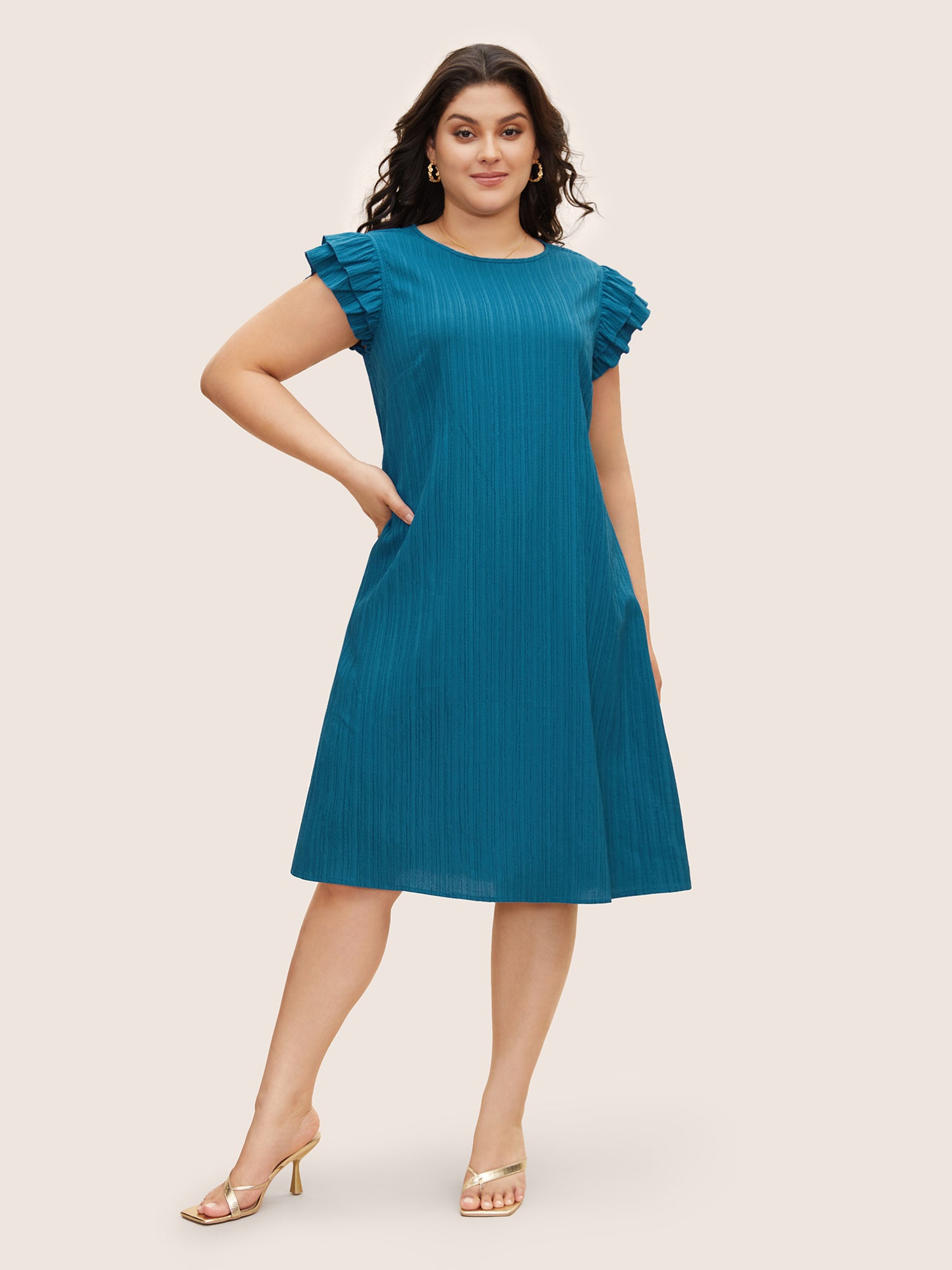 Textured Tiered Ruffle Cap Sleeve Dress