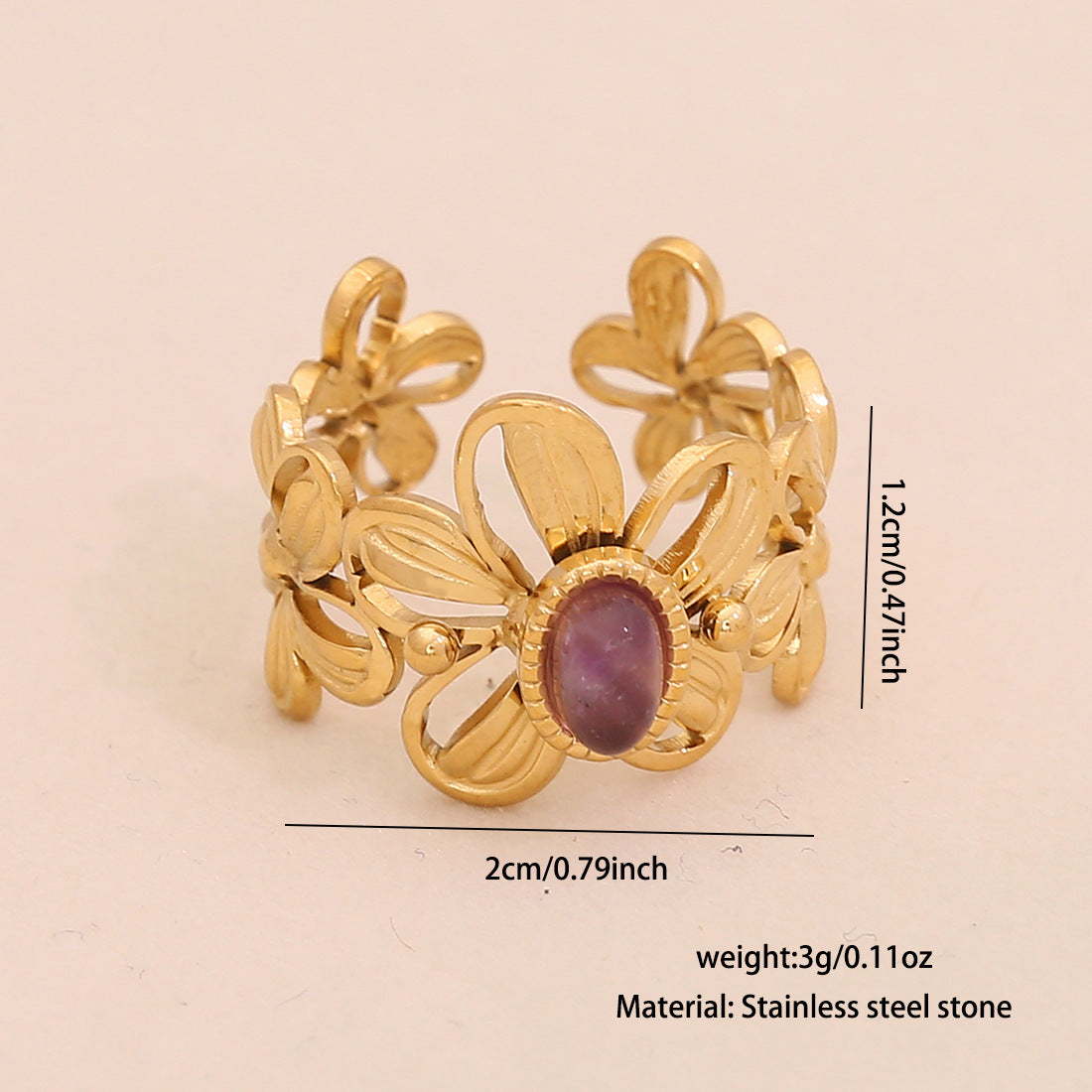 Retro Amethyst Natural Stone Ring Geometric Metal Style Open Ring R120