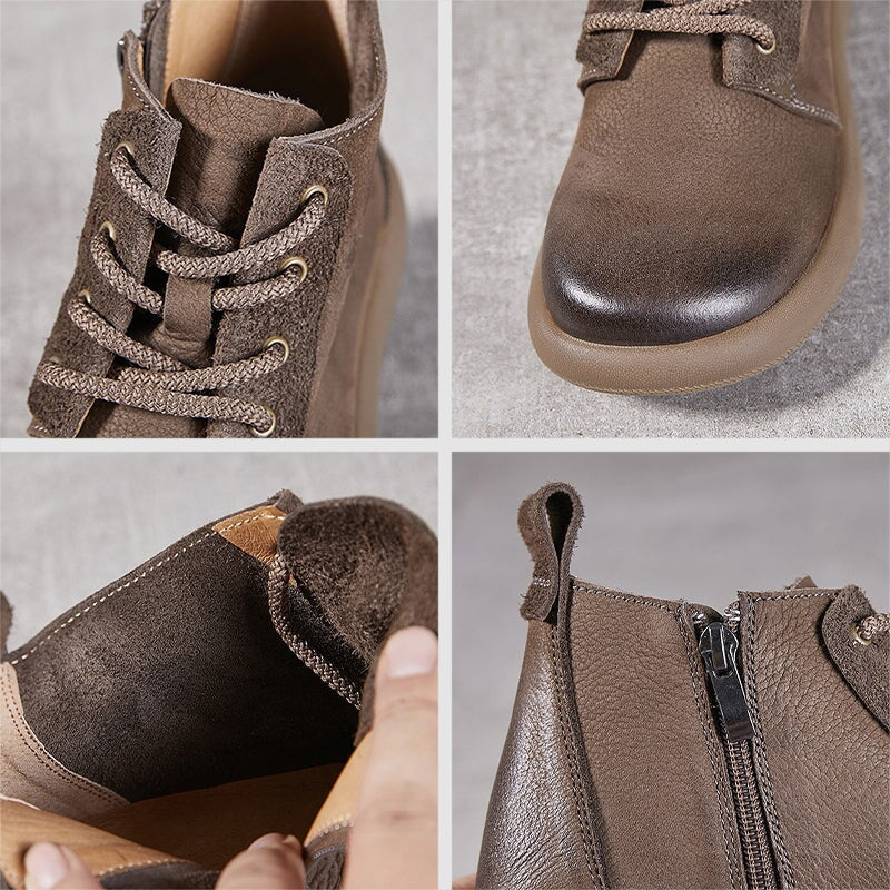 Women's Leather Booties Round Toe Lace-Up Ankle Boots in Grey/Coffee