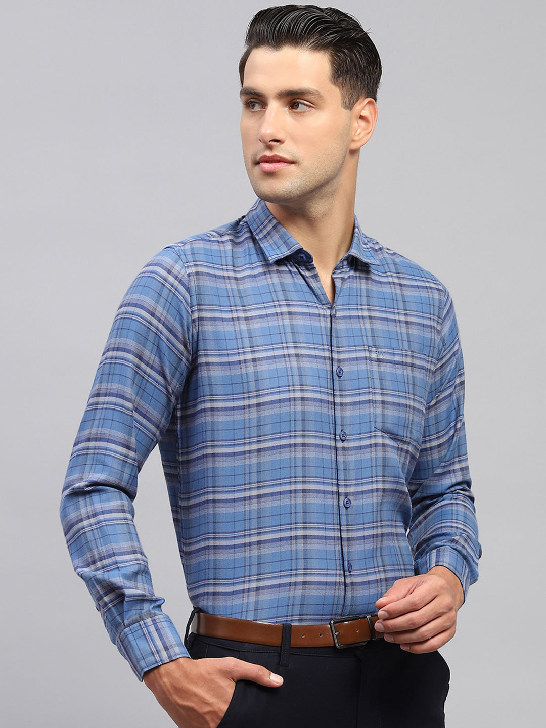 Men Blue Check Spread Collar Full Sleeve Shirt