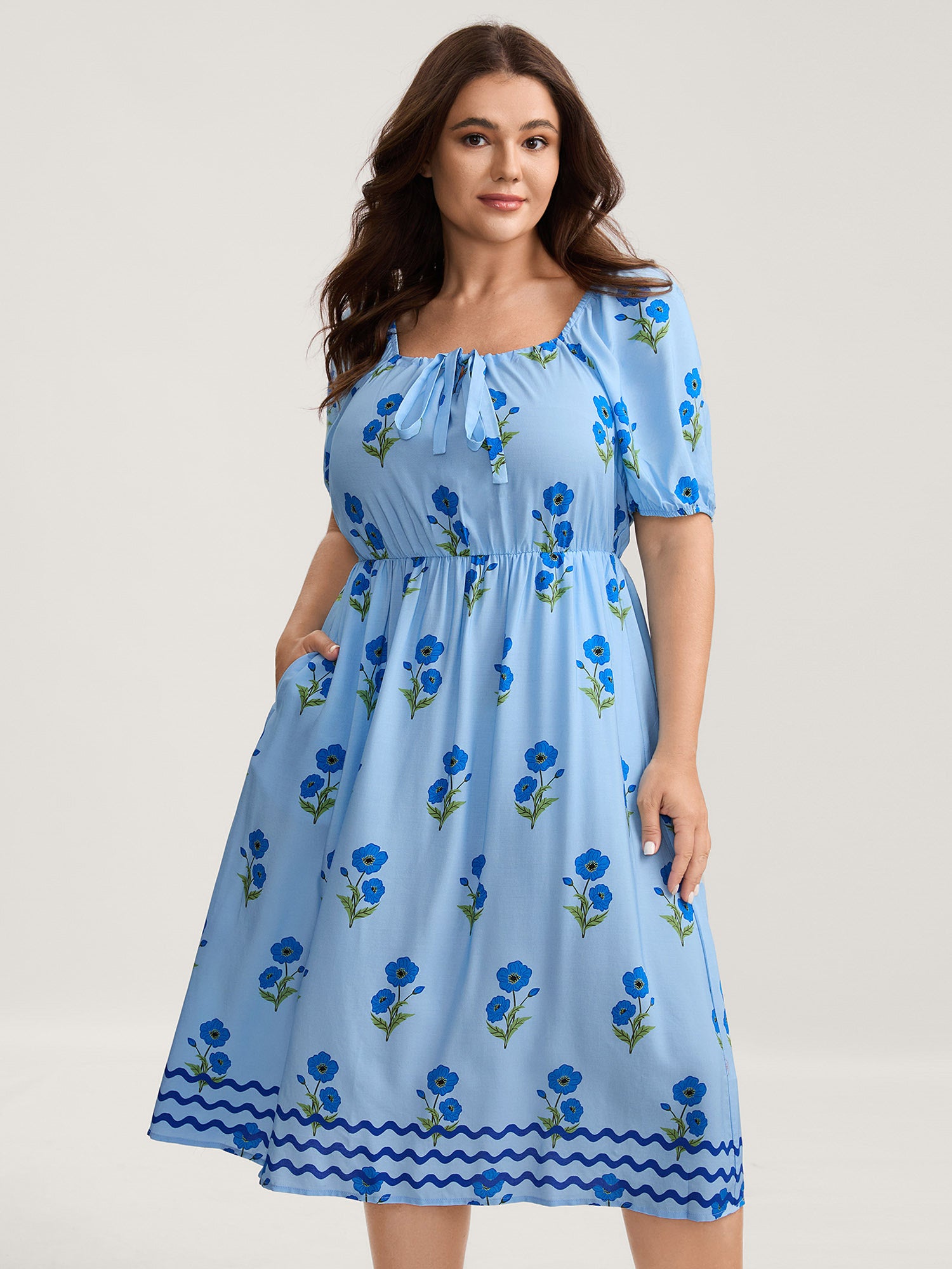 Rayon Neck Tie Pockets Floral Midi Dress