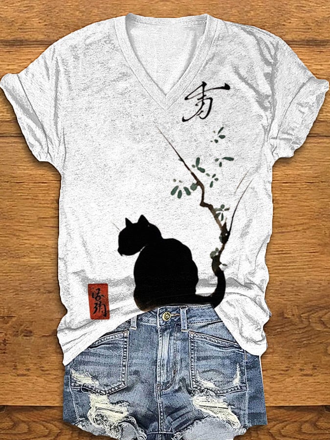 Women's Ink Cat Art Print T-Shirt