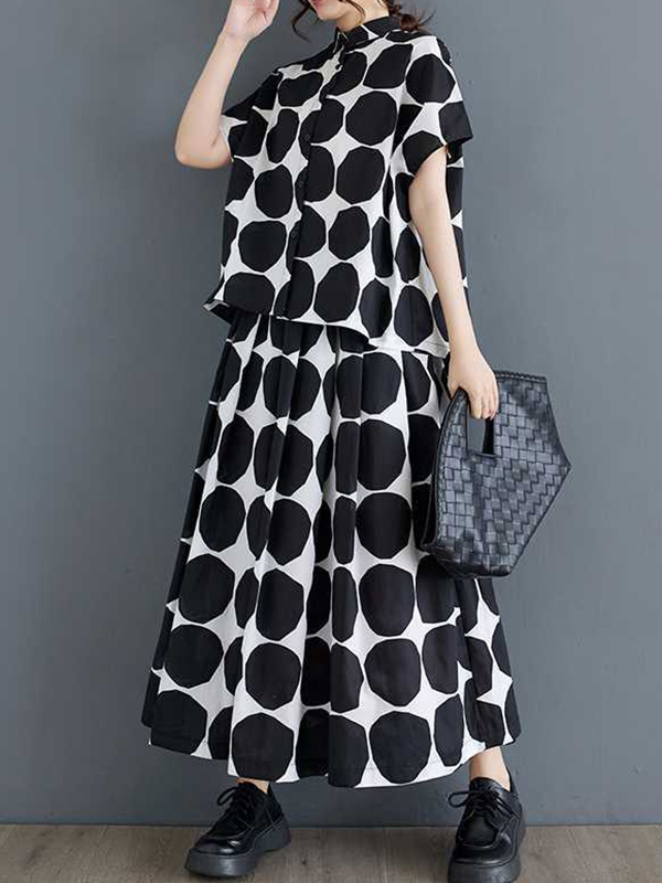 Loose Short Sleeves Buttoned Polka-Dot Lapel Blouse Tops Skirts Bottoms Two Pieces Set