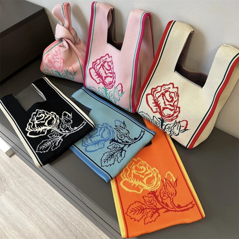 Women's Small Knit Printing Lattice Flower Elegant Classic Style Square Open Handbag