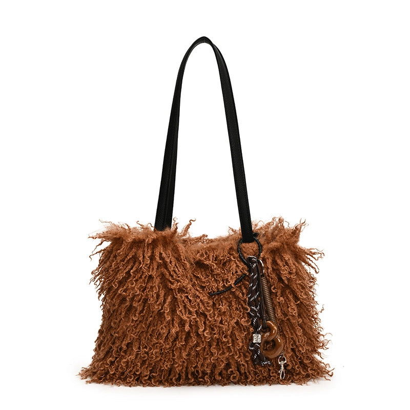 Women's Large Pu Leather Plush Solid Color Elegant Streetwear Square Magnetic Buckle Tote Bag