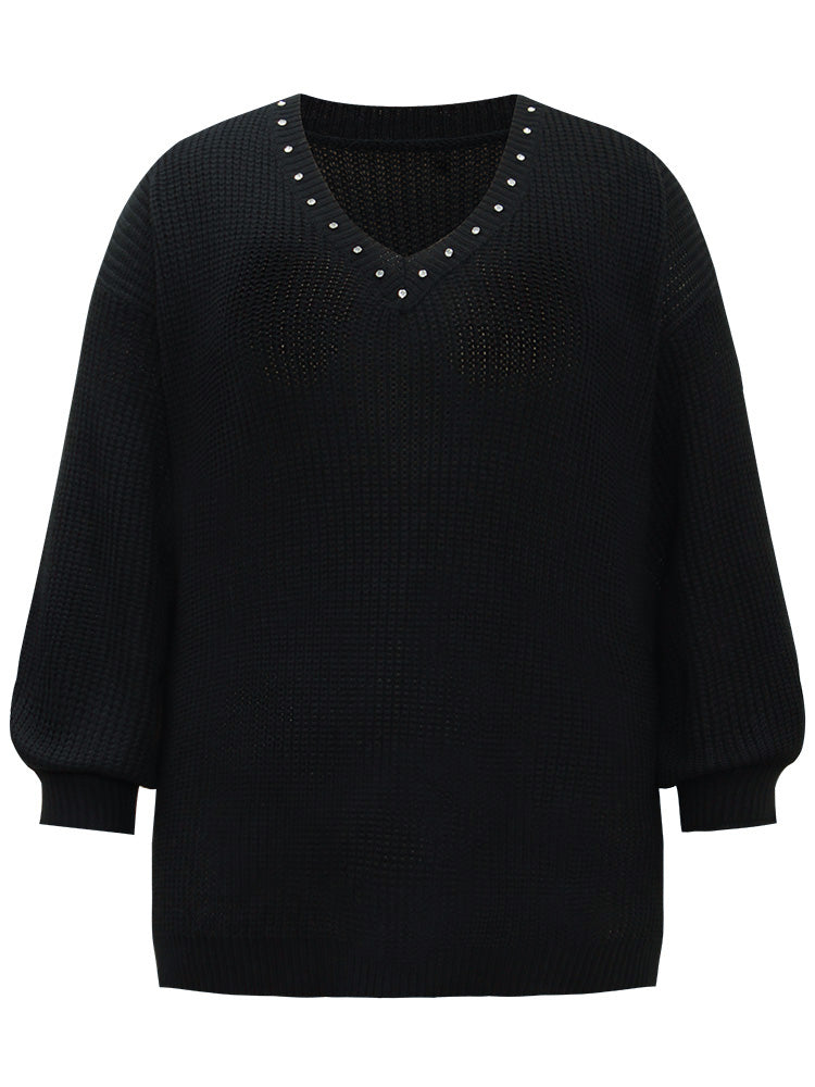 Rhinestone V Neck Drop Shoulder Pullover