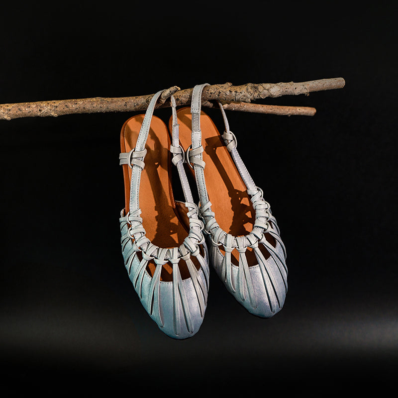 Fashion Closed Toe Slingback Roman Sandals Genuine Leather Cut-Out Woven Summer Flats in Grey/Apricot