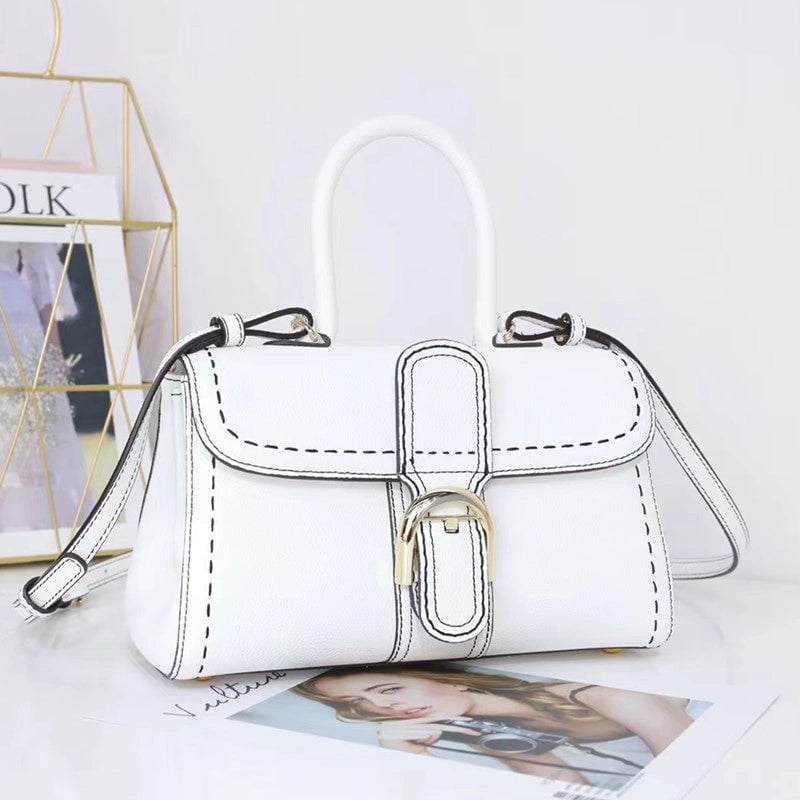 New Horseshoe Buckle Handbag Top Layer Litchi Grain Cowhide Fashionable One-Shoulder Portable Crossbody Casual Saddle Bag