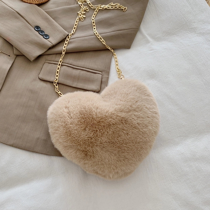 Women's Plush Solid Color Cute Heart-shaped Zipper Crossbody Bag