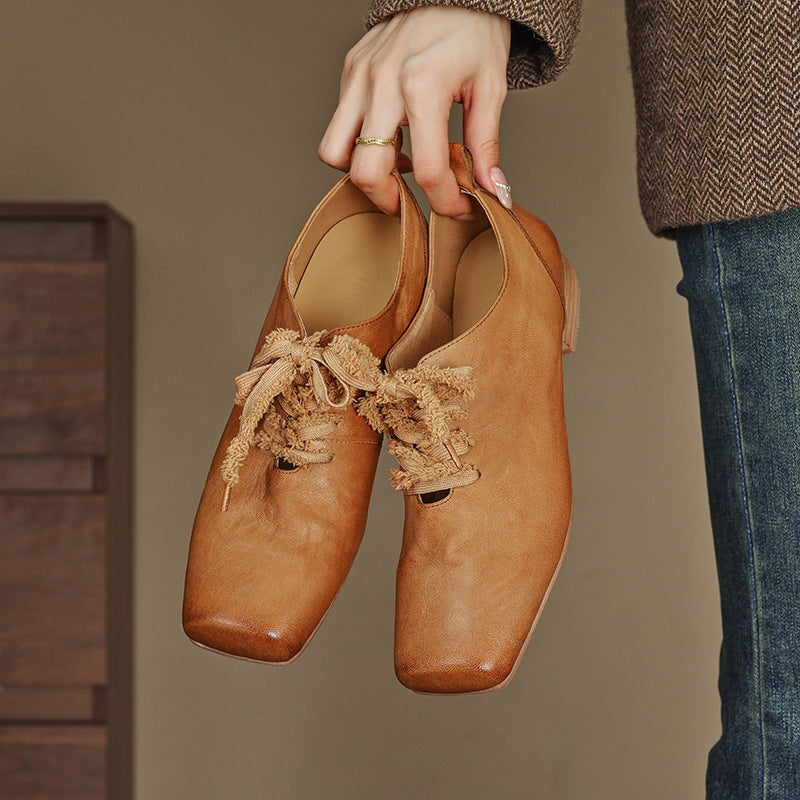 All Leather Retro Mary Jane Ballet Flats with Lace up Square Toe in Black/Coffee/Brown