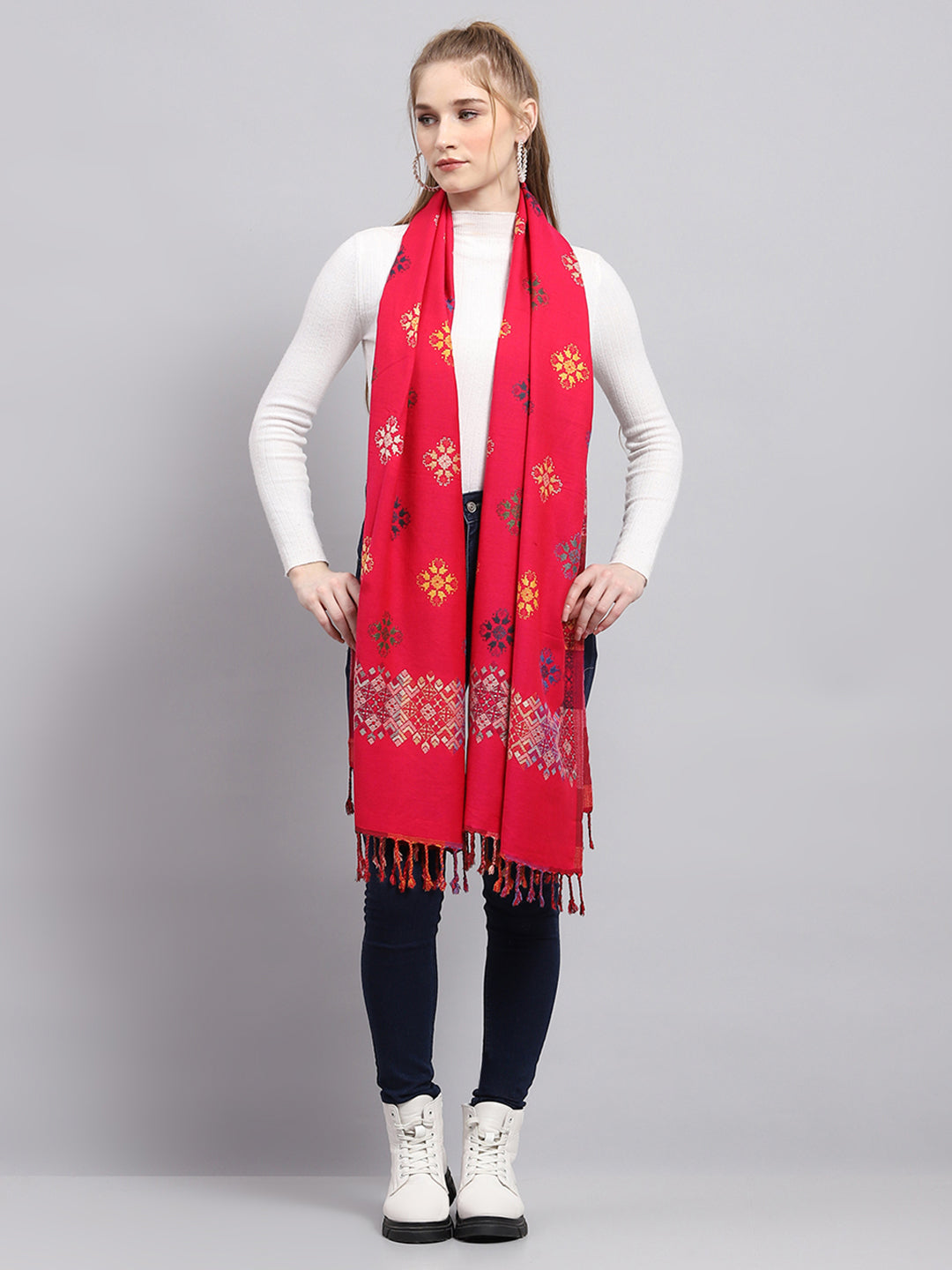 Women Red Self Design Stole