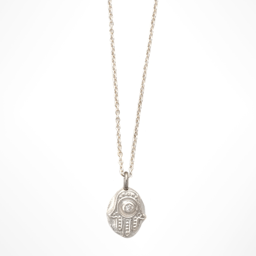 Rustic Hamsa Silver Necklace with Crystal