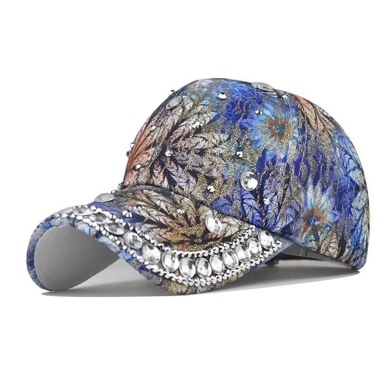Women's Elegant Pastoral Flower Rhinestone Curved Eaves Baseball Cap